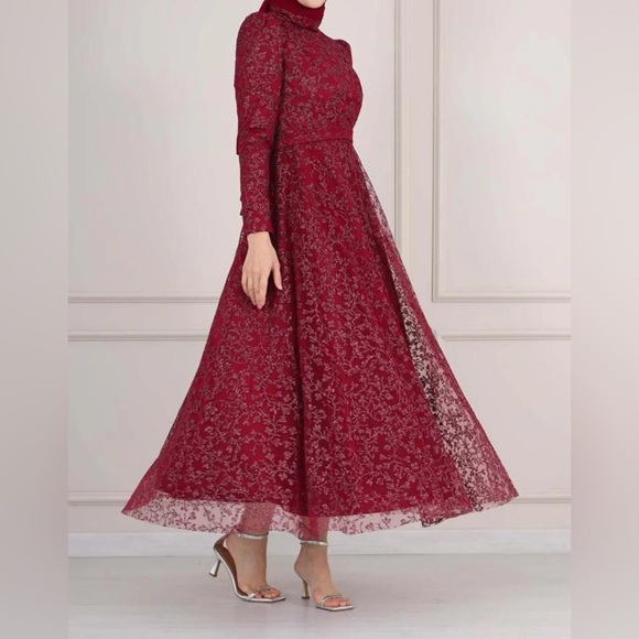 Elegant formal modest gown Red burgundy  sparkly Lace Women Dress sz 8 - Picture 4 of 11